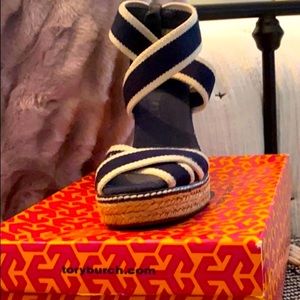 Tory Burch wedges with box. Navy and cream.